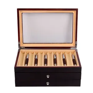 Wooden pen storage box with glass lid and drawers, premium multi-slot stationery display case.