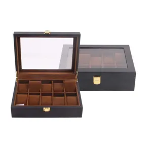 Classic black matte wooden watch box with glass lid, 10 slot storage display case for men.