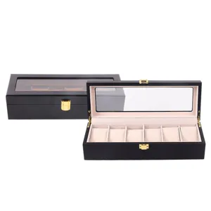 Classic black matte wooden watch box with 6 slots, glass top and gold hardware storage.