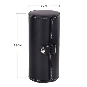 Vue détaillée de la boîte de rangement de montre cylindrique en cuir PU noir et coutures.