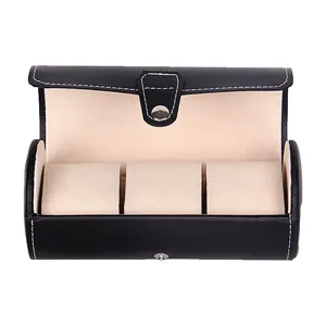 Boite de rangement pour montre de voyage en cuir PU noir 3 fentes avec doublure beige.