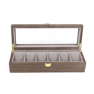 Wooden 6-slot watch storage display box with glass top and soft gray velvet pillows.