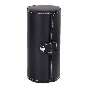 Boîte de rangement cylindrique pour montre en cuir PU noir avec bouton-pression et coutures.