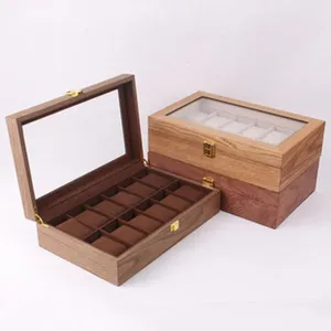 Wooden watch box with 12 slots, clear glass lid, brown velvet pillows, luxury storage display case.