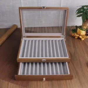 Scatola porta penne stilografiche in legno con coperchio in vetro, 23 fessure organizer.