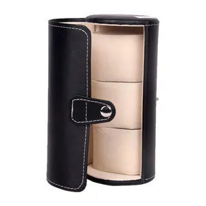 Boîte de rangement de voyage portable pour montres en cuir PU noir à 3 fentes.
