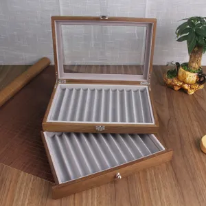 Scatola per penne in legno retro con coperchio in vetro e cassetto, velluto grigio.