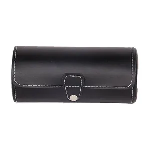 Détui rouleau montre cuir PU noir détail, boîte rangement portable 3 fentes, coutures blanches.