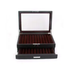 Wooden fountain pen display box with glass top, double layer storage case for collection.