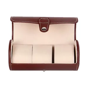 Boite de rangement montre cylindrique voyage cuir PU marron 3 fentes vue de detail.