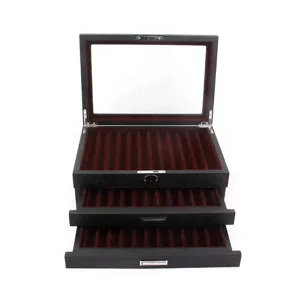 Wooden fountain pen display storage box detail, multi-tier velvet slots with glass lid view.