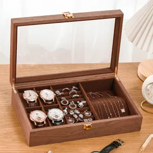 Wooden Jewelry Box With Glass Lid Gold Metal Lock Watch Ring Earring Display Storage Organizer Case