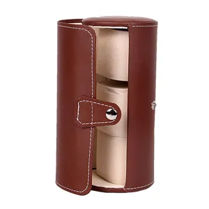 Boîte à montre cylindrique en cuir à 3 fentes organisateur étui de voyage marron.