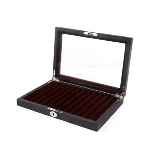 Wooden pen storage box with glass lid and velvet lining for luxury pen display collection.
