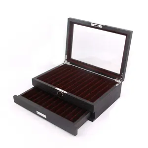 Wooden pen storage box with glass lid and drawer, large capacity pen display case.
