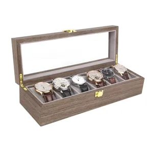 Wooden 6-slot watch display box with glass top storage case organizer for men women