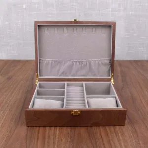 Wooden watch jewelry storage box detail displaying multi-compartment velvet interior design.