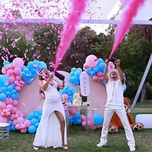 Gender reveal smoke cannon and powder spray for party celebration and exciting baby reveal moments.