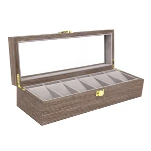 Wooden 6-slot watch storage display box with glass top and soft pillows for collection.