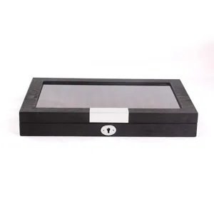 Wooden fountain pen display storage box with clear glass lid and secure metal lock for collectors