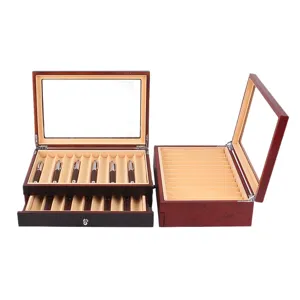 Wooden Pen Display Box Fountain Pen Storage Case with Clear Glass Lid Drawer Organizer for Office Stationery