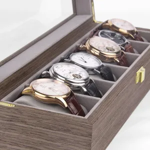 Detailed view of wooden 6-slot watch display box with walnut grain finish and soft velvet interior.