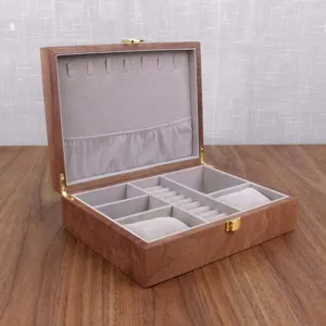 Wooden jewelry box walnut finish watch organizer with grey velvet lining and multi compartments.