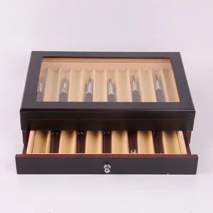Wooden pen display box with clear glass lid and drawer, multi slot fountain pen storage case.