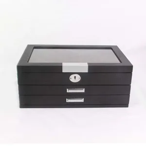 Detailed view of the large capacity wooden pen display box featuring glass top and drawers.