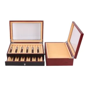 Premium wooden pen display box with glass top and drawer, large capacity vintage pen organizer.