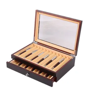 Wooden pen display box with glass lid and drawer, large capacity storage case for fountain pens.