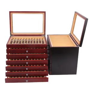 Multilayer Wooden Pen Display Box With Glass Lid Large Capacity Fountain Pen Storage Organizer Case Business Gift