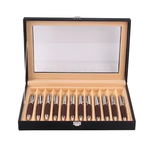 12-slot PU leather pen display box with clear glass lid and elegant beige velvet interior.