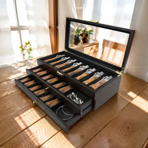 Caja de Almacenamiento de Cuchillo de Bolsillo de Madera con Tapa de Cristal Estuche Organizador de Exhibición de Madera Multicapa para Colección Joyas Vajilla