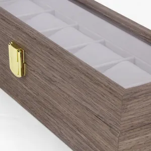 Wooden 6-slot watch storage box with glass lid, walnut grain finish and gold clasp.