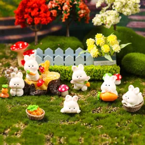 Miniature resin cartoon rabbit figurines set for fairy garden micro landscape and desktop decor.