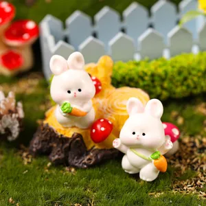 Cute resin rabbit miniature figurines set for desktop decoration, moss garden landscaping props.