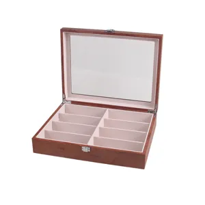 Close-up view of the 8-grid wooden glasses storage box interior with soft velvet lining.