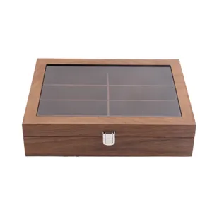 Wooden 8-grid sunglasses storage box with glass lid, walnut finish glasses display box.