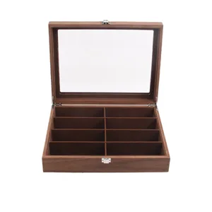 Close-up view of the wooden 8-slot glasses display box with clear glass lid and soft velvet lining.