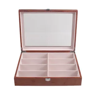 Wooden 8-grid glasses storage box with clear lid, velvet lining and metal clasp for eyewear display.