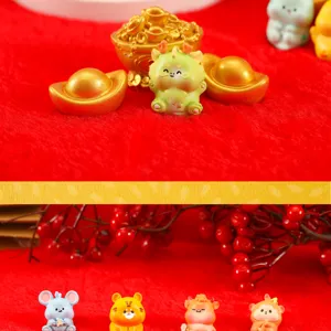 Cute resin zodiac animal miniature detail with golden ingots and red berries for festive decor.