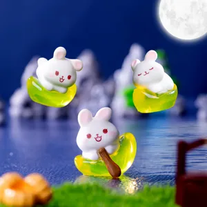Jolies figurines miniatures de lapin en résine bateau lune micro paysage déco bureau DIY