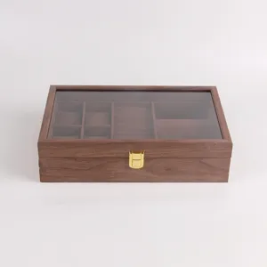 Wooden jewelry box with glass lid, vintage wood storage organizer for rings, earrings and watches.