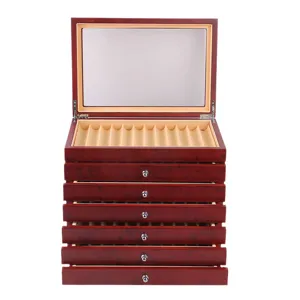 Wooden fountain pen display box multi-layer storage case with glass top lid and drawers