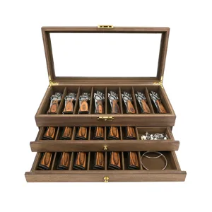 Caja de almacenamiento de madera con tapa de vidrio y cajones para organizar cuchillos y cubiertos.