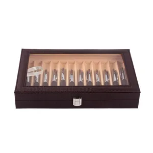 12 slot PU leather pen display box with clear glass window and secure metal lock for office.