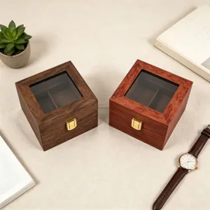 Vintage Wooden Watch Box 2 Slot Display Storage Case With Clear Glass Window And Metal Lock For Men Women Watch Organizer