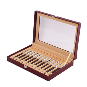 PU leather pen display box with clear window and multiple slots for business gifts packaging.