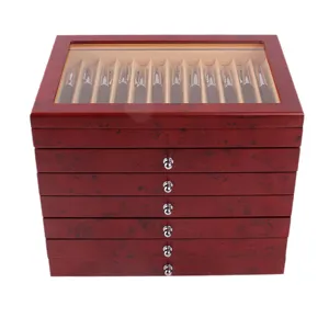 Wooden pen display storage box with multi-layer drawers and clear glass top for office gift.